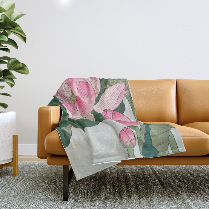 Blossoming lotus flower - Vintage Japanese Woodblock Print Art Throw Blanket Gallery Image 1