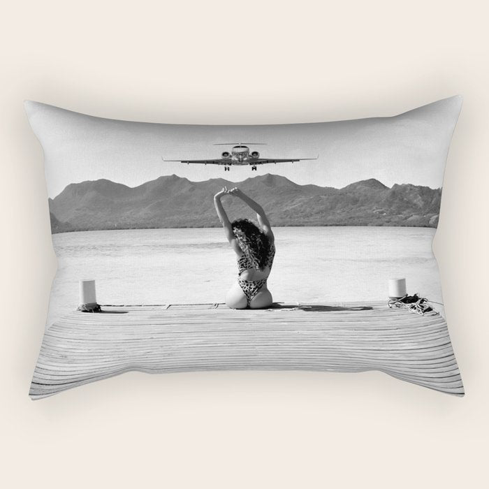 Steady as she goes girl in bikini on a dock with plane landing black and white photograph Rectangular Pillow Gallery Image 2