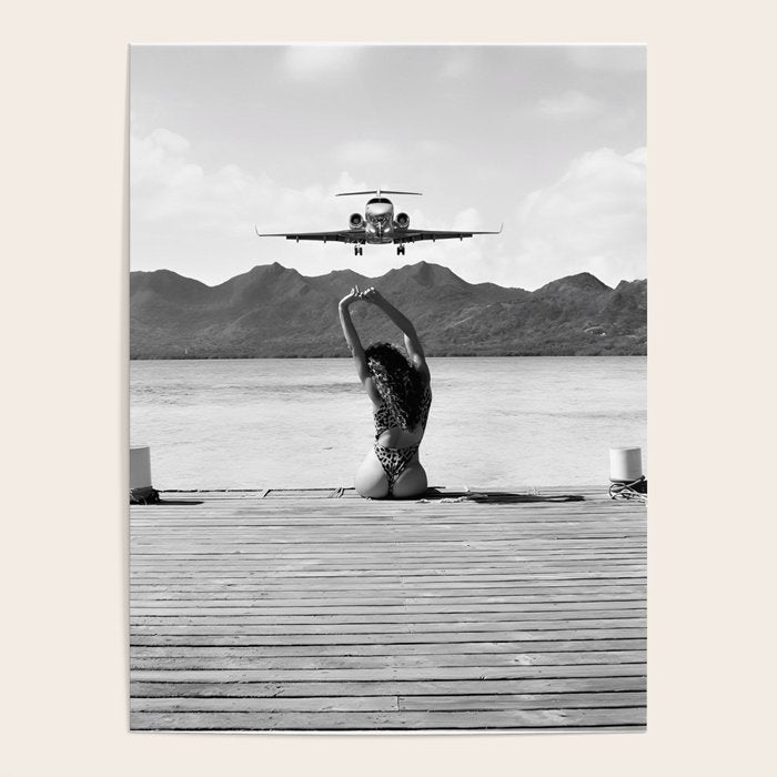 Steady as she goes girl in bikini on a dock with plane landing black and white photograph Poster Gallery Image 4