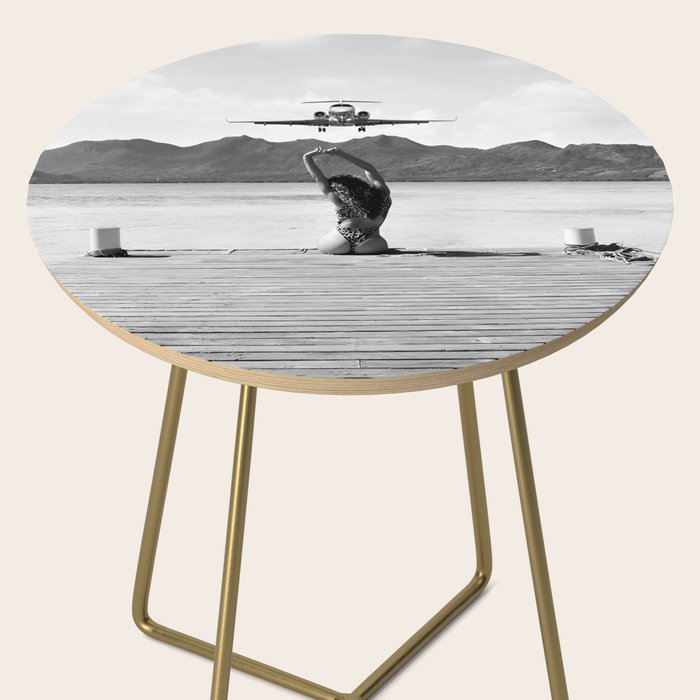 Steady as she goes girl in bikini on a dock with plane landing black and white photograph Side Table Gallery Image 2