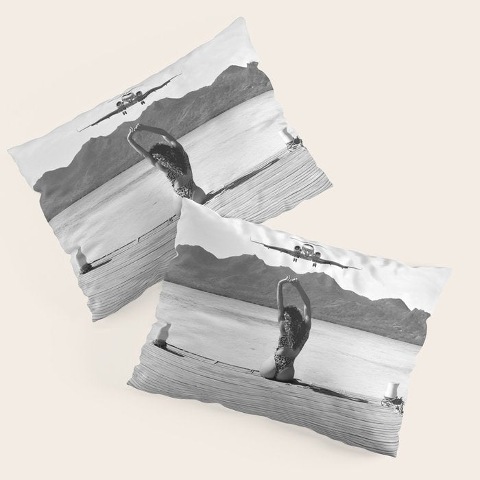 Steady as she goes girl in bikini on a dock with plane landing black and white photograph Pillow Sham Gallery Image 3
