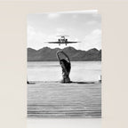 Steady as she goes girl in bikini on a dock with plane landing black and white photograph Stationery Card Gallery Image 2