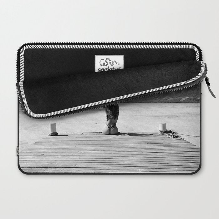 Steady as she goes girl in bikini on a dock with plane landing black and white photograph Laptop Sleeve Gallery Image 2