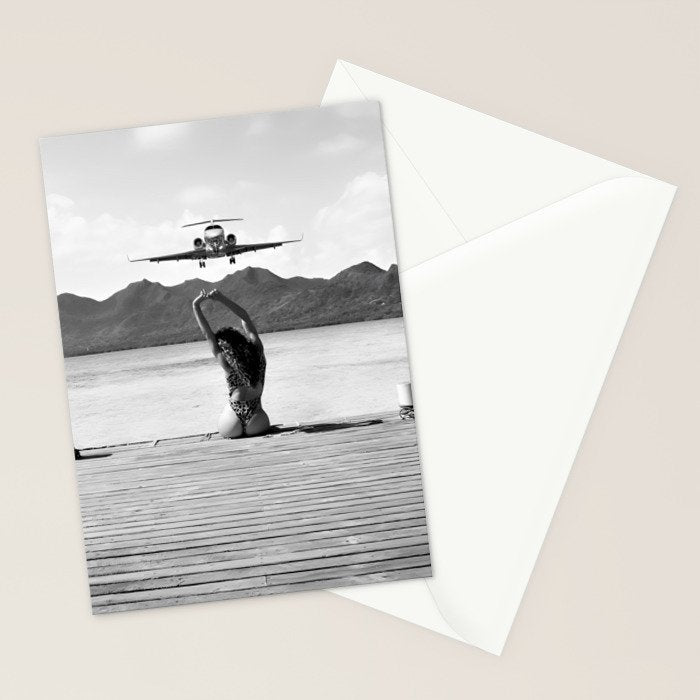 Steady as she goes girl in bikini on a dock with plane landing black and white photograph Stationery Card Gallery Image 2
