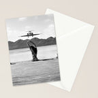 Steady as she goes girl in bikini on a dock with plane landing black and white photograph Stationery Card Gallery Image 2