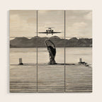 Steady as she goes girl in bikini on a dock with plane landing black and white photograph Wood Wall Art Gallery Image 1