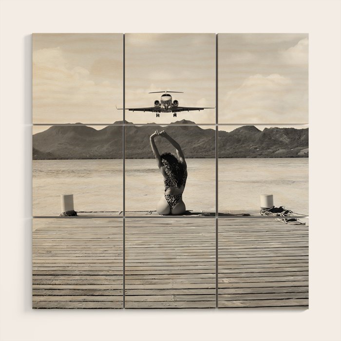 Steady as she goes girl in bikini on a dock with plane landing black and white photograph Wood Wall Art Gallery Image 1