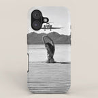 Steady as she goes girl in bikini on a dock with plane landing black and white photograph iPhone Case Gallery Image 1