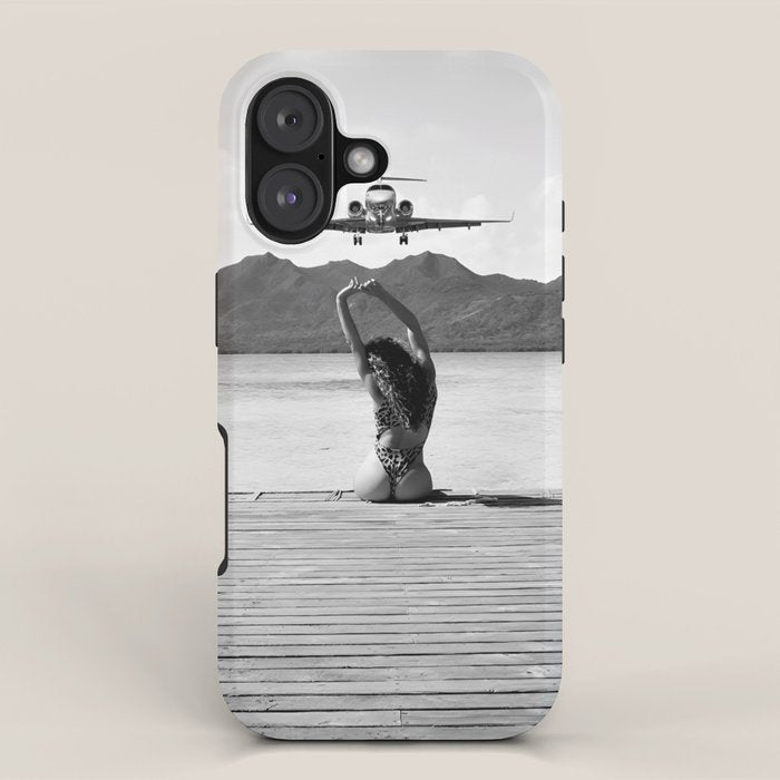 Steady as she goes girl in bikini on a dock with plane landing black and white photograph iPhone Case Gallery Image 1