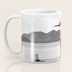 Steady as she goes girl in bikini on a dock with plane landing black and white photograph Coffee Mug Gallery Image 3