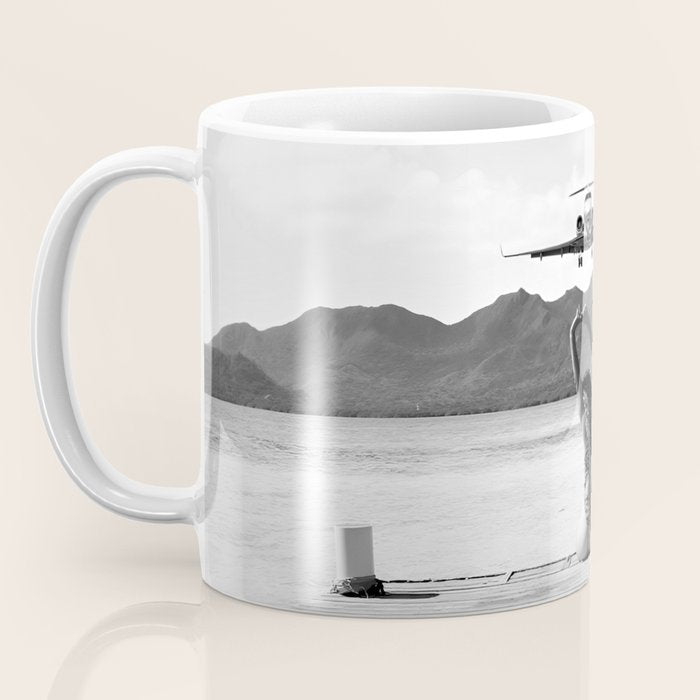 Steady as she goes girl in bikini on a dock with plane landing black and white photograph Coffee Mug Gallery Image 3