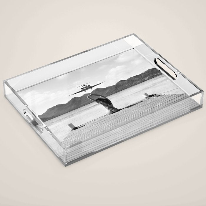 Steady as she goes girl in bikini on a dock with plane landing black and white photograph Acrylic Tray Gallery Image 1