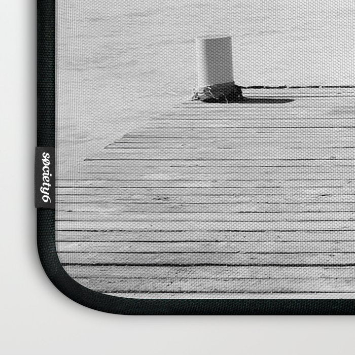 Steady as she goes girl in bikini on a dock with plane landing black and white photograph Laptop Sleeve Gallery Image 3