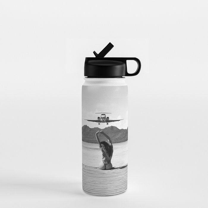 Steady as she goes girl in bikini on a dock with plane landing black and white photograph Water Bottle Gallery Image 1