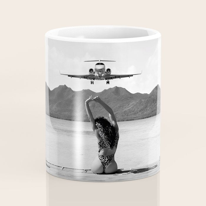 Steady as she goes girl in bikini on a dock with plane landing black and white photograph Coffee Mug Gallery Image 4