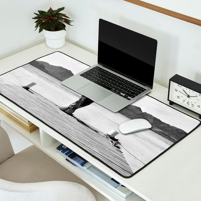 Steady as she goes girl in bikini on a dock with plane landing black and white photograph Desk Mat Gallery Image 2