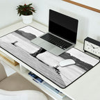 Steady as she goes girl in bikini on a dock with plane landing black and white photograph Desk Mat Gallery Image 2