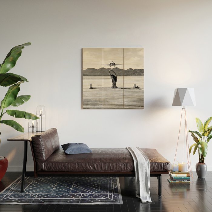 Steady as she goes girl in bikini on a dock with plane landing black and white photograph Wood Wall Art Gallery Image 2
