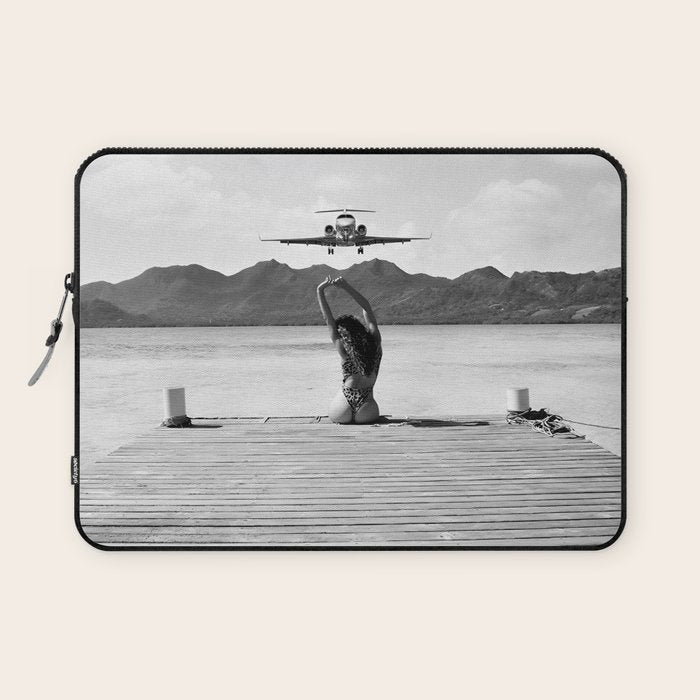 Steady as she goes girl in bikini on a dock with plane landing black and white photograph Laptop Sleeve Gallery Image 1