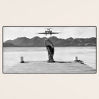 Steady as she goes girl in bikini on a dock with plane landing black and white photograph Desk Mat Gallery Image 3