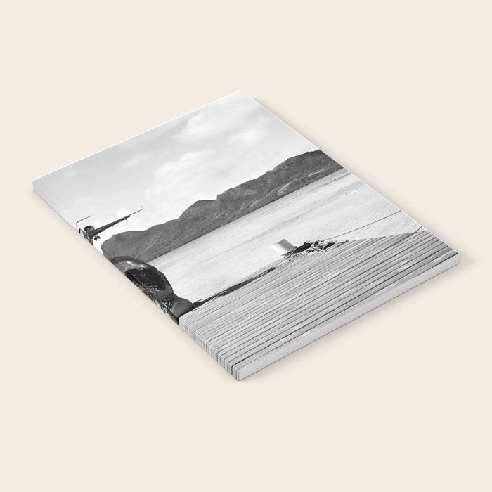 Steady as she goes girl in bikini on a dock with plane landing black and white photograph Notebook Gallery Image 2