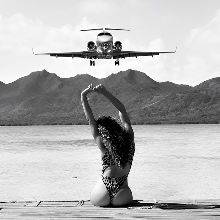 Steady as she goes girl in bikini on a dock with plane landing black and white photograph Coffee Mug Gallery Image 2