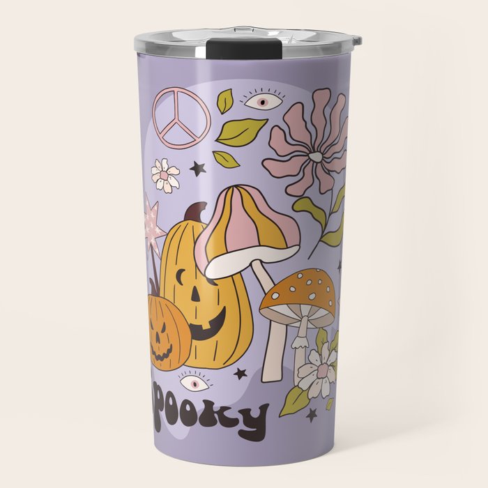 Hippie Groovy Halloween Print in Pastel Lilac Travel Mug Gallery Image 1