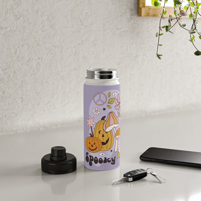 Hippie Groovy Halloween Print in Pastel Lilac Water Bottle Gallery Image 4