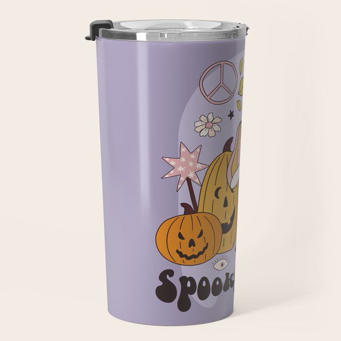 Hippie Groovy Halloween Print in Pastel Lilac Travel Mug Gallery Image 3