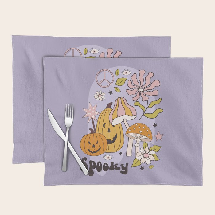 Hippie Groovy Halloween Print in Pastel Lilac Placemat Gallery Image 1