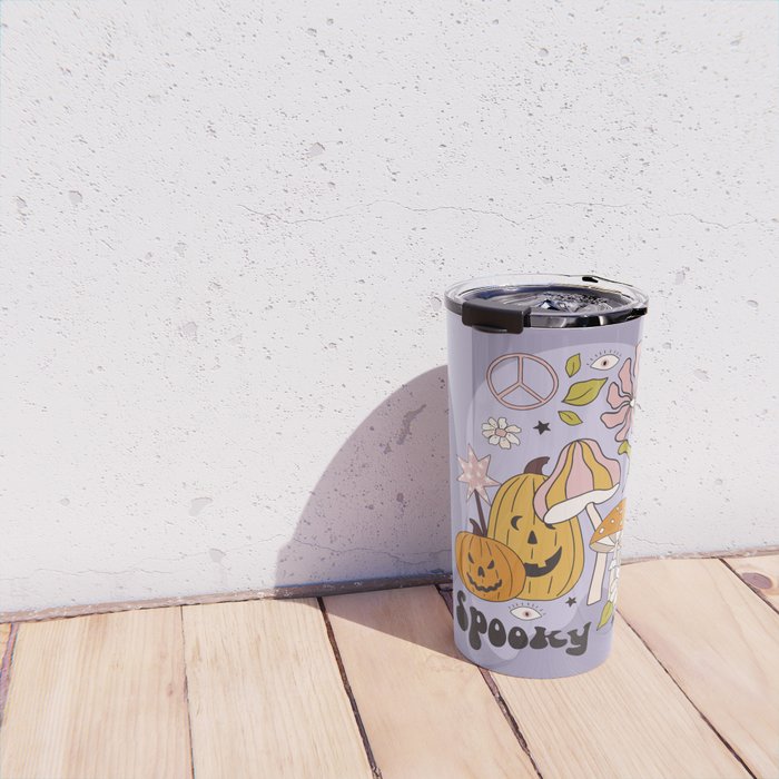 Hippie Groovy Halloween Print in Pastel Lilac Travel Mug Gallery Image 4