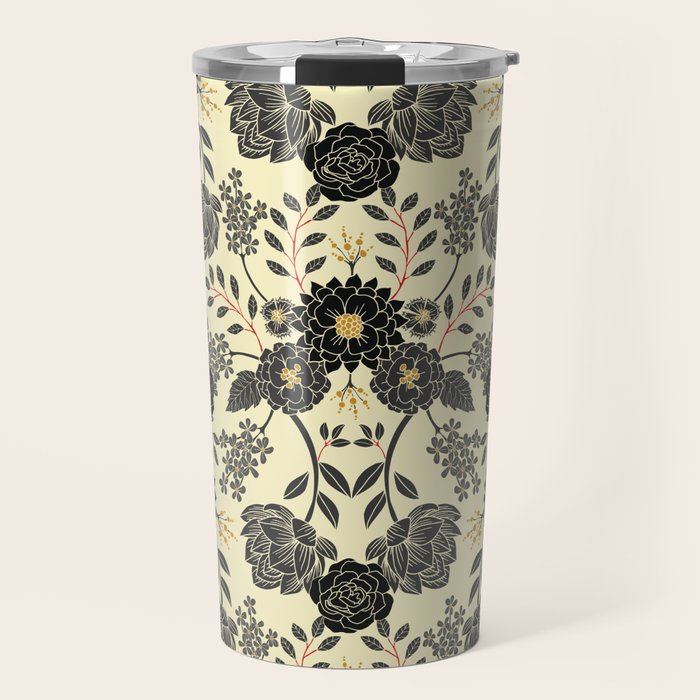 Gray, Black, Cream, Yellow & Red Sophisticated Floral Pattern Travel Mug Gallery Image 1