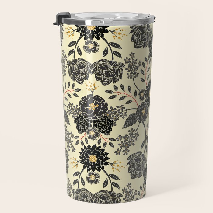 Gray, Black, Cream, Yellow & Red Sophisticated Floral Pattern Travel Mug Gallery Image 3
