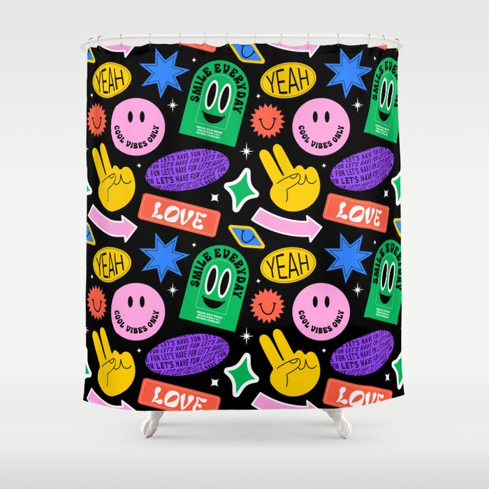 Retro cartoon sticker label pattern Shower Curtain Gallery Image 1
