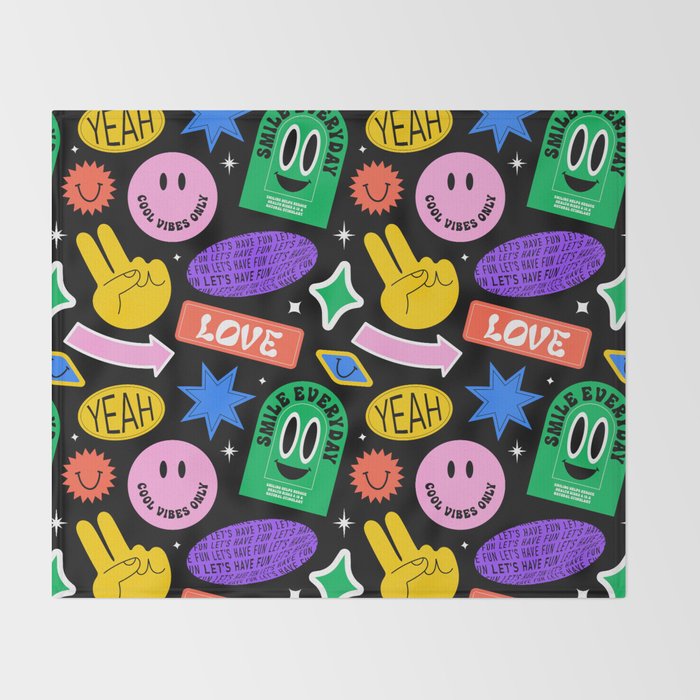 Retro cartoon sticker label pattern Throw Blanket Gallery Image 2