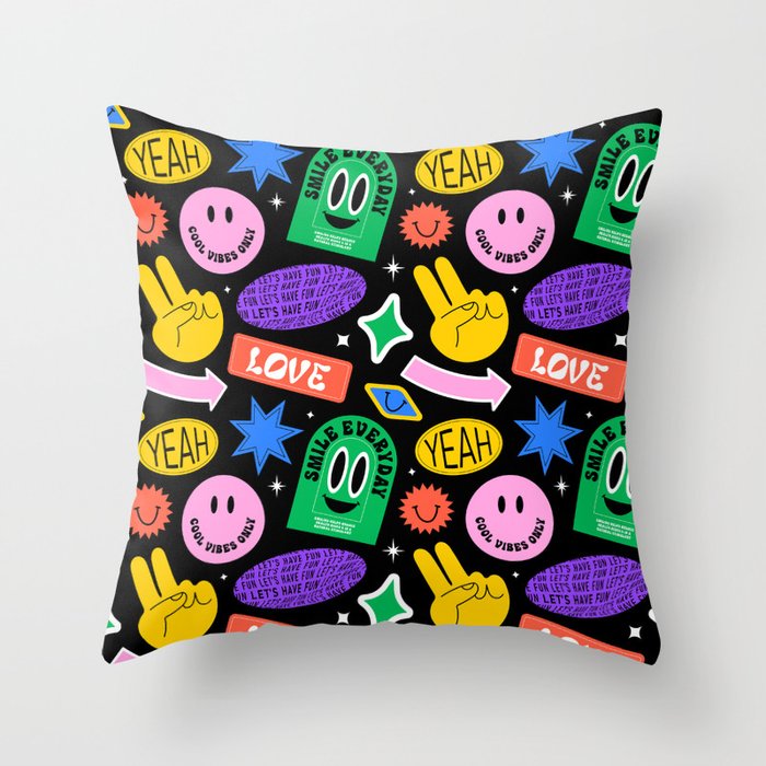 Retro cartoon sticker label pattern Throw Pillow Gallery Image 6