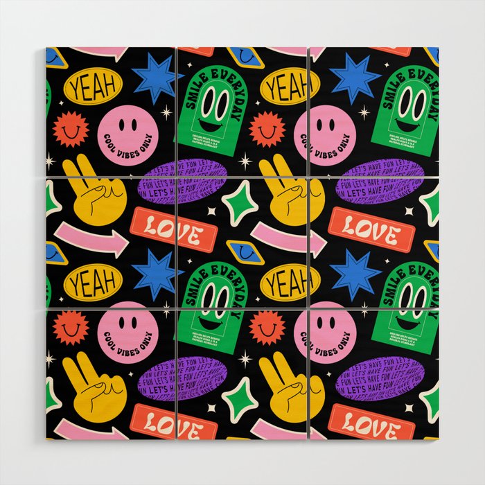 Retro cartoon sticker label pattern Wood Wall Art Gallery Image 1