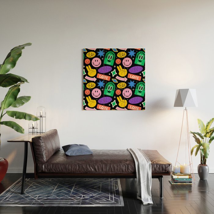 Retro cartoon sticker label pattern Wood Wall Art Gallery Image 2