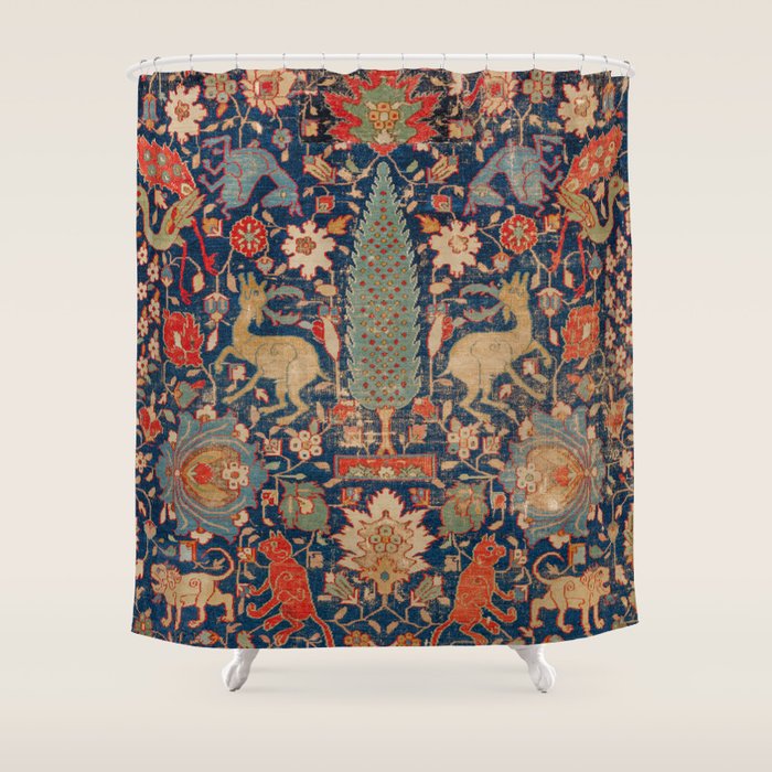 17th Century Persian Rug Print with Animals Shower Curtain Gallery Image 1