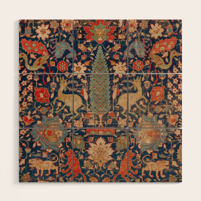 17th Century Persian Rug Print with Animals Wood Wall Art Gallery Image 1