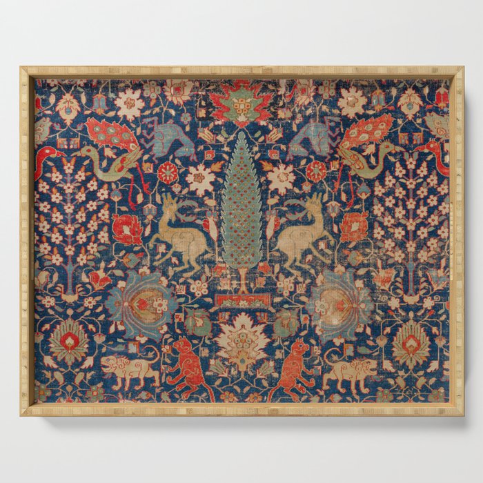 17th Century Persian Rug Print with Animals Serving Tray Gallery Image 1