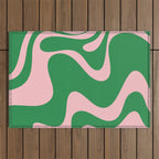 Retro Liquid Swirl Abstract 2 in Green and Pink Outdoor Rug Gallery Image 1