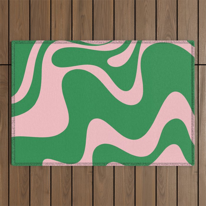 Retro Liquid Swirl Abstract 2 in Green and Pink Outdoor Rug Gallery Image 1