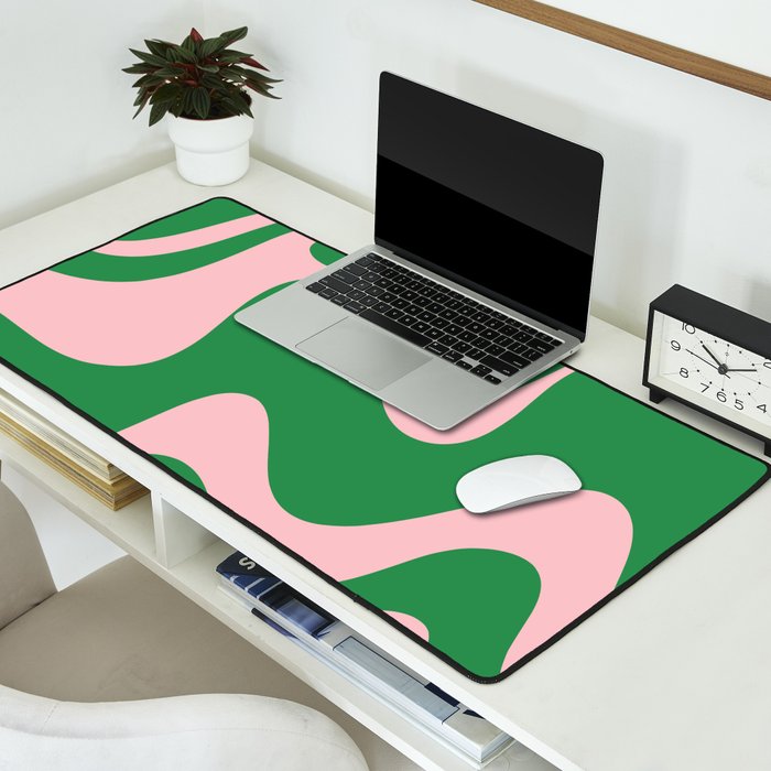 Retro Liquid Swirl Abstract 2 in Green and Pink Desk Mat Gallery Image 2