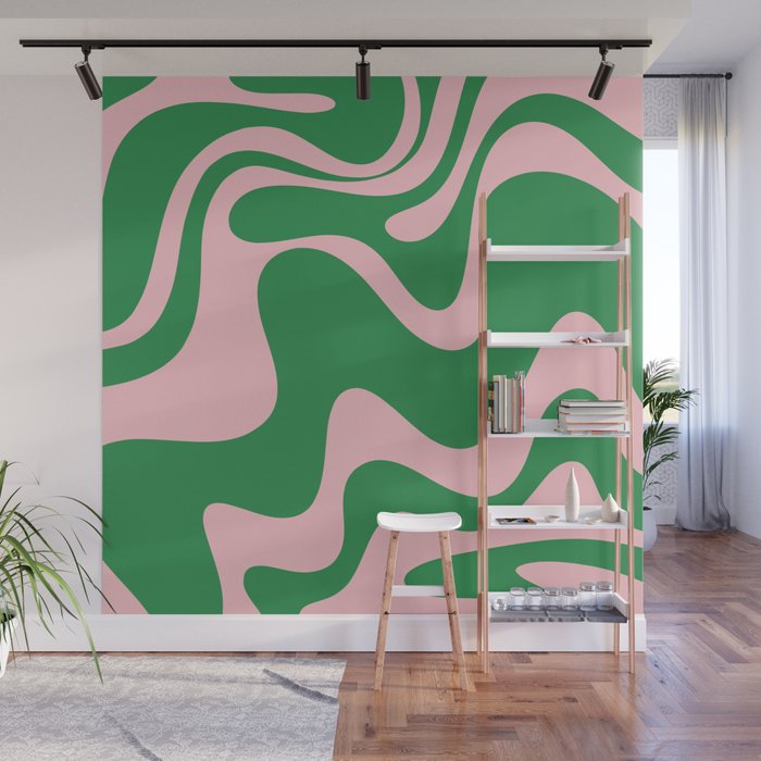 Retro Liquid Swirl Abstract 2 in Green and Pink Wall Mural Gallery Image 1