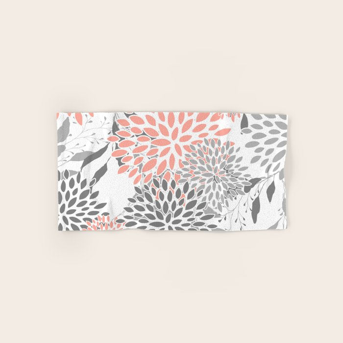 Festive, Floral Prints, Leaves and Blooms, Coral and Gray Bath Towel Gallery Image 1
