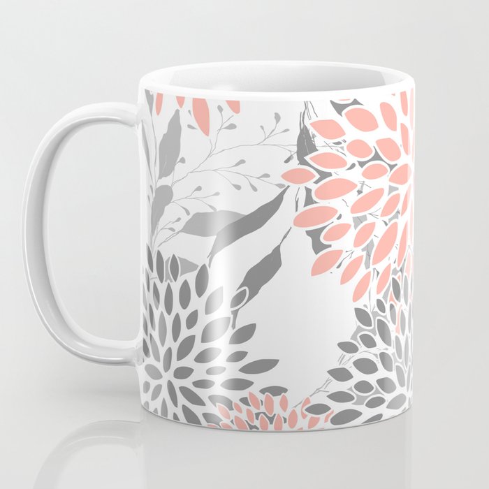 Festive, Floral Prints, Leaves and Blooms, Coral and Gray Coffee Mug Gallery Image 3
