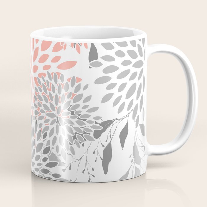 Festive, Floral Prints, Leaves and Blooms, Coral and Gray Coffee Mug Gallery Image 1