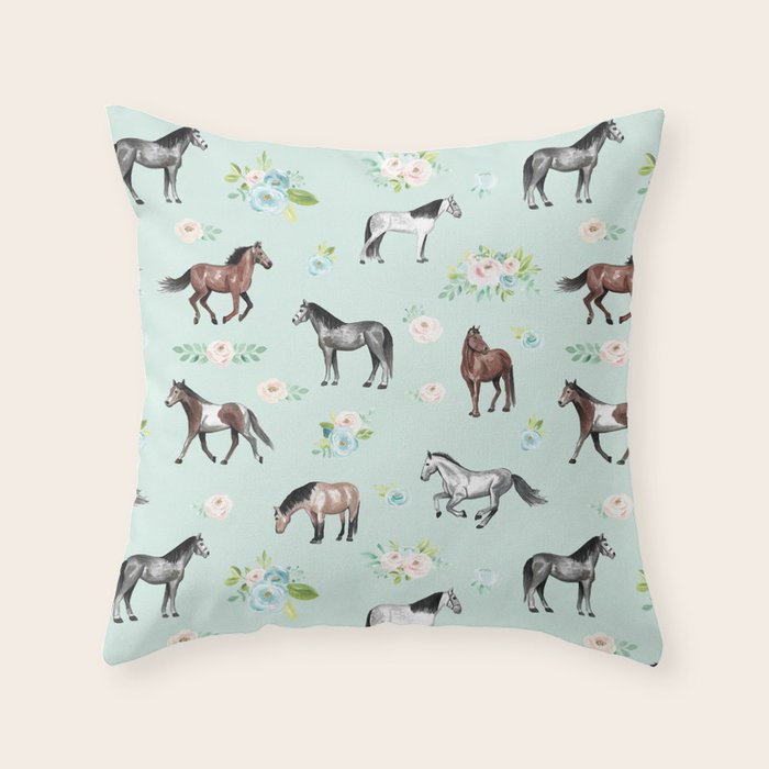 Floral Horse Pattern, Flowers and Horses, Romantic Blue, Horse Decor, Horse Art Throw Pillow Gallery Image 6