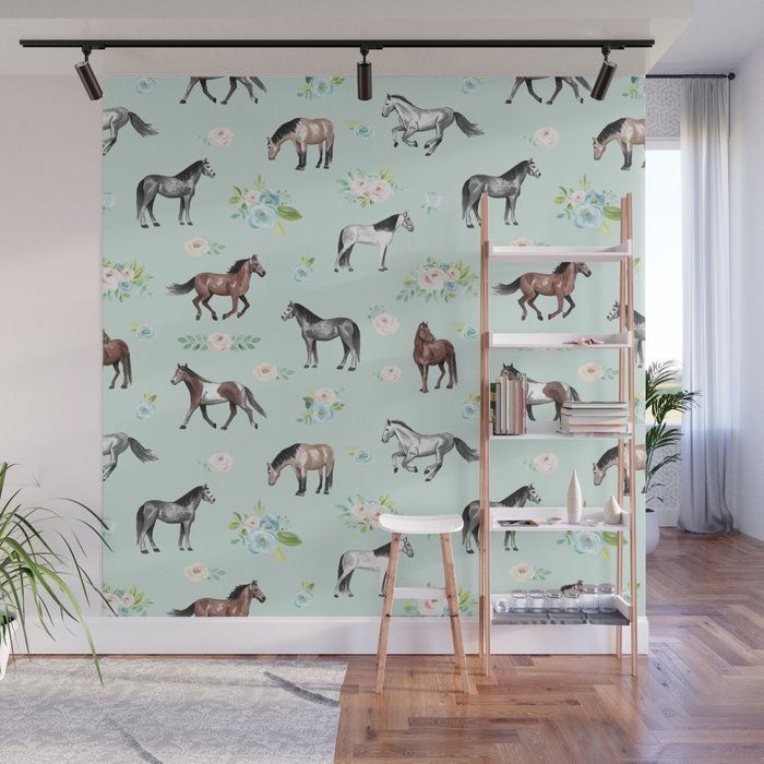 Floral Horse Pattern, Flowers and Horses, Romantic Blue, Horse Decor, Horse Art Wall Mural Gallery Image 1